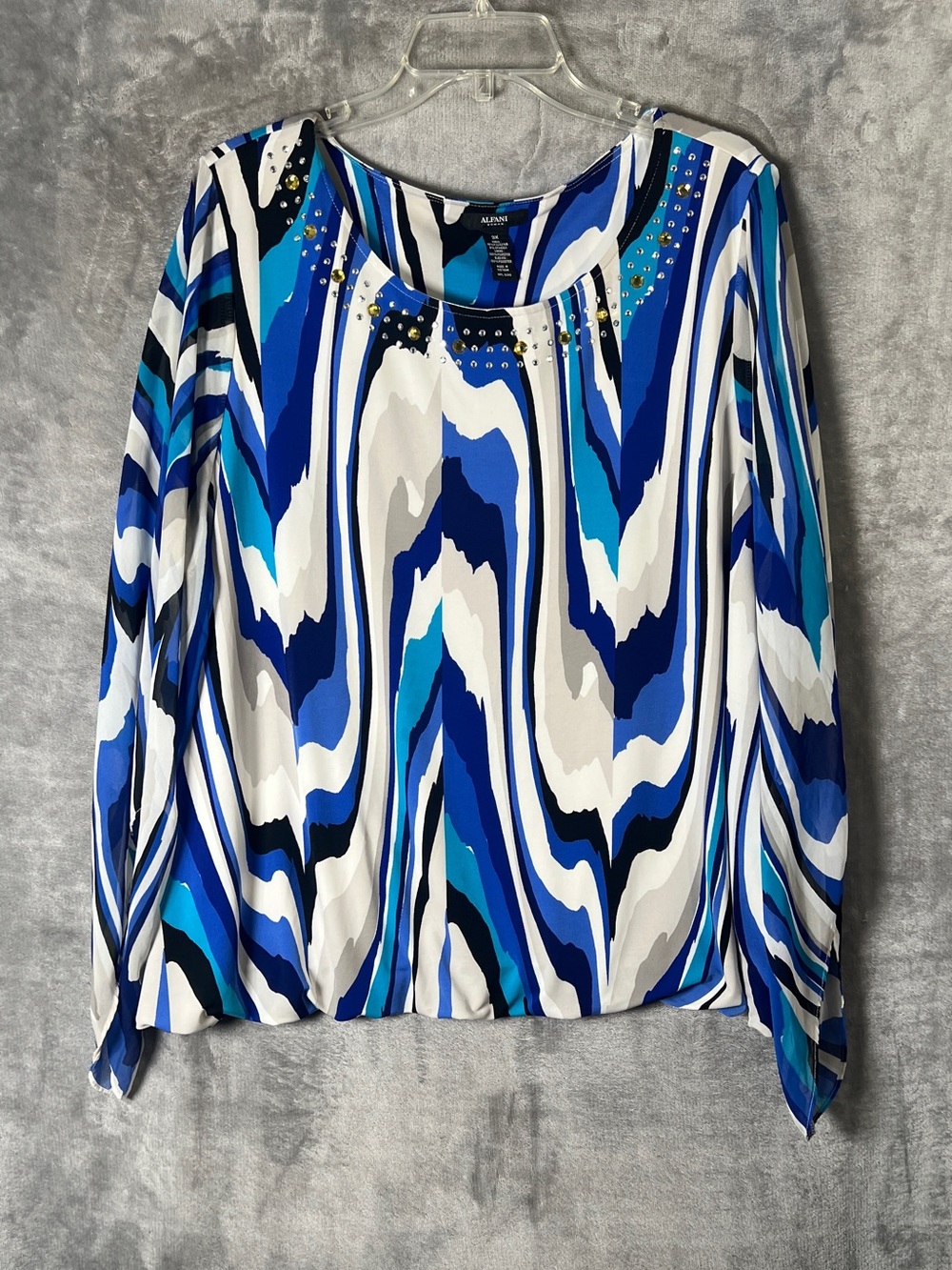 Alfani Blue & White Wave-Print Long Sleeve Top with Stud Detail